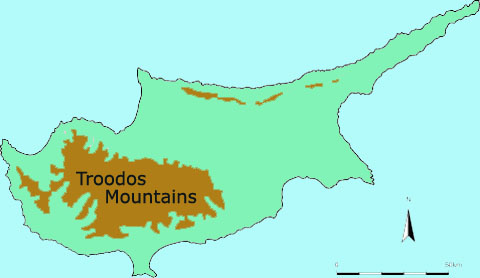 Location of the Troodos Mountains